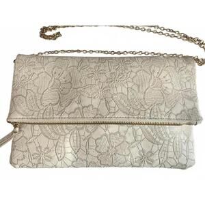 Lace Clutch Purse w/ Gold Chain Strap Ivory Foldover Evening Bag